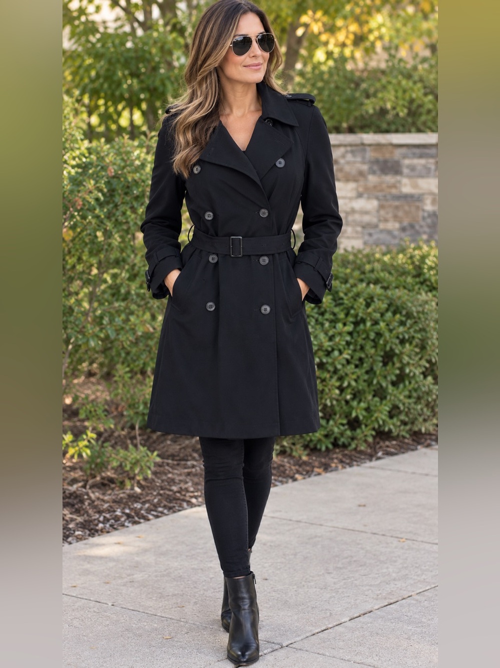 Anne Klein Black Double Breasted Long Trench Coat Belted Classic Size 10 NWOT
